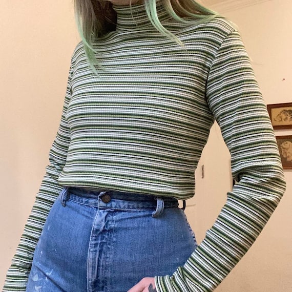 90s vintage ribbed knit green tone striped turtle… - image 3