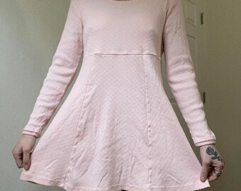 90s vintage thermal esq cotton pale pink long sleeve babydoll mini dress by BP