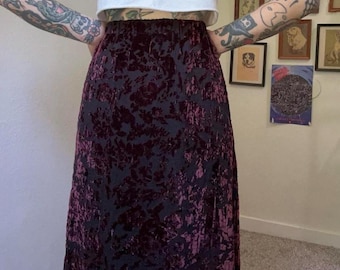 90s vintage black and burgundy silk velvet floral maxi skirt