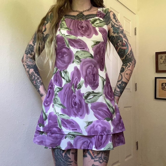 90s vintage purple and green floral mini dress