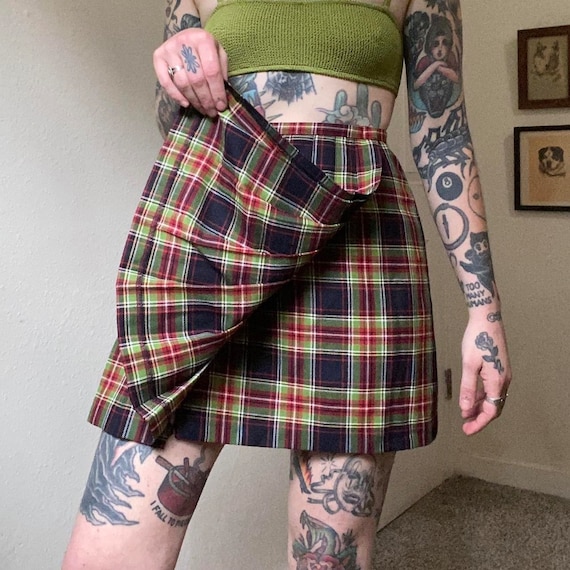 90s vintage plaid pleated wrap mini skirt - image 2