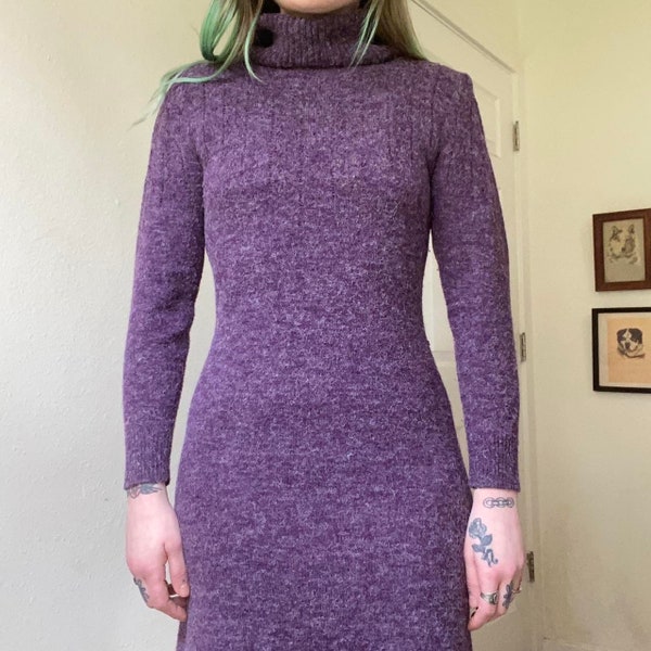 70s vintage shaggy purple turtleneck sweater dress