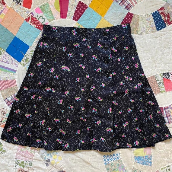 70s Vintage Black Polka Dot Ditsy Floral Print Pleated Wrap Mini