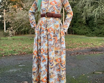 60s vintage Elaine Sklar Lingerie Co novelty print half zip loungewear maxi dress