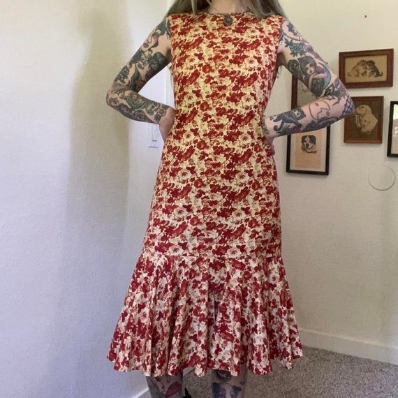 60s 70s vintage cream and red floral midi dress