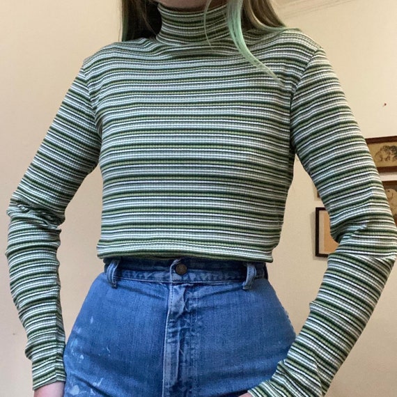 90s vintage ribbed knit green tone striped turtle… - image 1