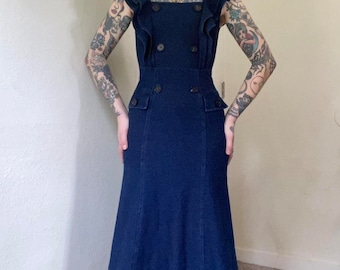 Vintage Miss Sixty navy blue stretch denim ruffle collar midi dres