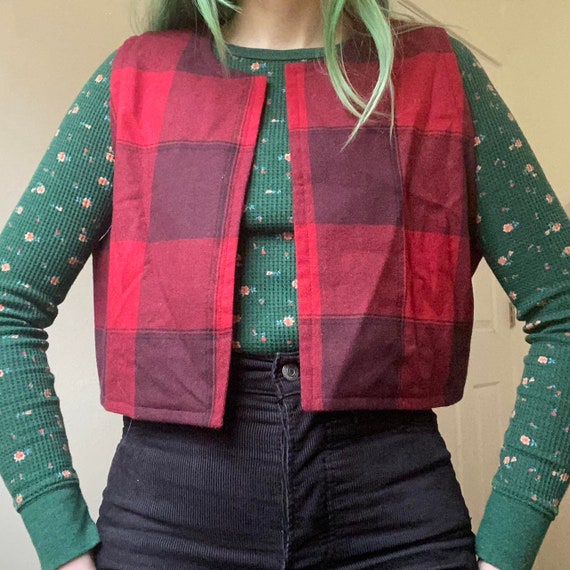 70s 80s vintage red and plaid cropped vest - image 1