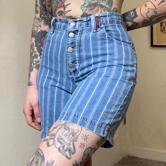 80s 90s vintage blue and tan striped shorts - image 5