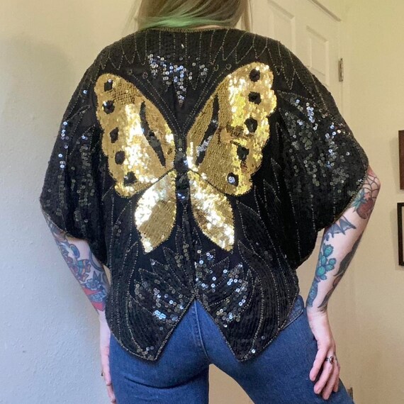 80s vintage SHOMAX black and gold silk sequins bu… - image 4