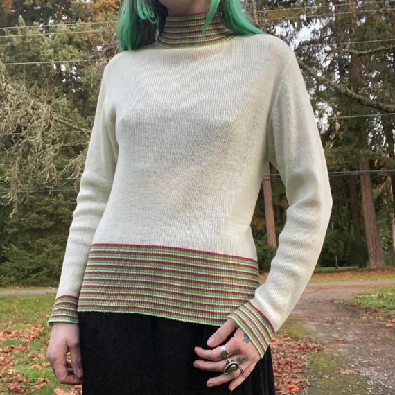 60s vintage semi sheer rainbow striped turtleneck… - image 1