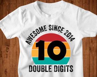 Camiseta personalizada de cumpleaños para niños, camiseta de 10º cumpleaños, impresionante desde 2014, camisa de doble dígito, camisa de 10º cumpleaños, camisas de cumpleaños de edad personalizadas