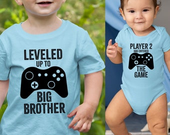 Leveled Up To Big Brother T Shirt Big Brother Matching T-Shirts Player 2 Little Brother Shirt Baby Announcement Gift Gamer Big Brother Tees