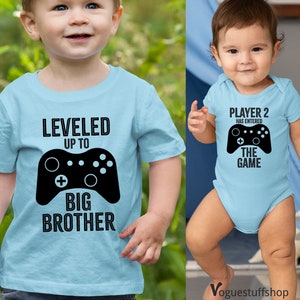Leveled Up To Big Brother T Shirt Big Brother Matching T-Shirts Player 2 Little Brother Shirt Baby Announcement Gift Gamer Big Brother Tees