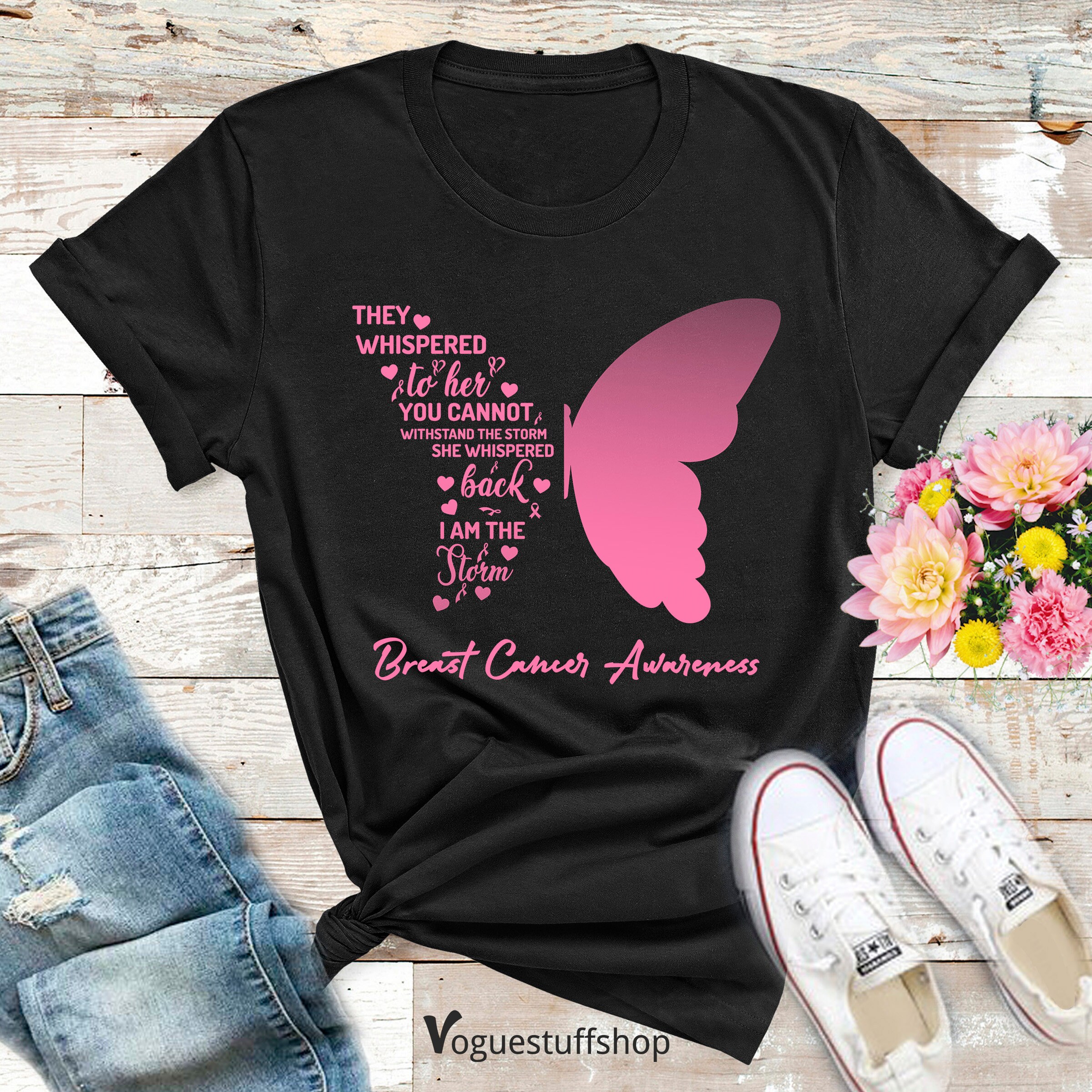 T-shirt Donna Cancro Al Seno Con Nastro Rosa E Farfalla - Maglia In Misto Cotone Traspirante, Consapevolezza E Supporto