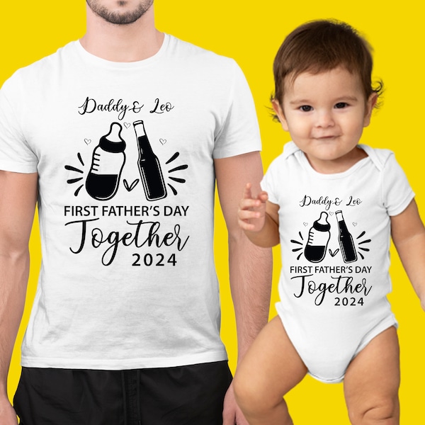 Personalized Our First Father's Day cheers Dad & Baby Set, Custom First Father's Day Together 2024 Shirt, Daddy and Baby Bodysuit Matching