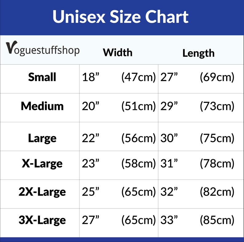 May include: Unisex size chart with measurements in inches and centimeters for small, medium, large, X-large, 2X-large, and 3X-large sizes. The chart shows the width and length of each size.