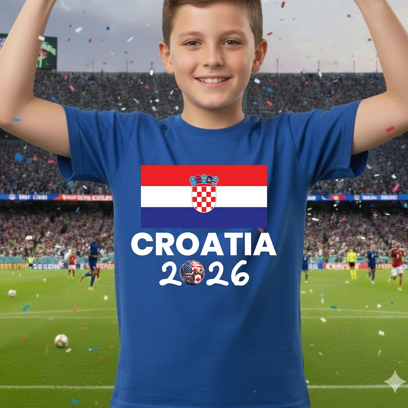 May include: A blue t-shirt with the Croatian flag and the text "CROATIA 2026" in white. The shirt includes a soccer ball graphic. The background shows a soccer stadium with players and confetti.