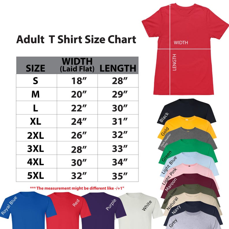 May include: A red t-shirt with a size chart and color swatches. The size chart shows measurements in inches for width and length, ranging from size S to 5XL. Color options include black, gold, and navy.