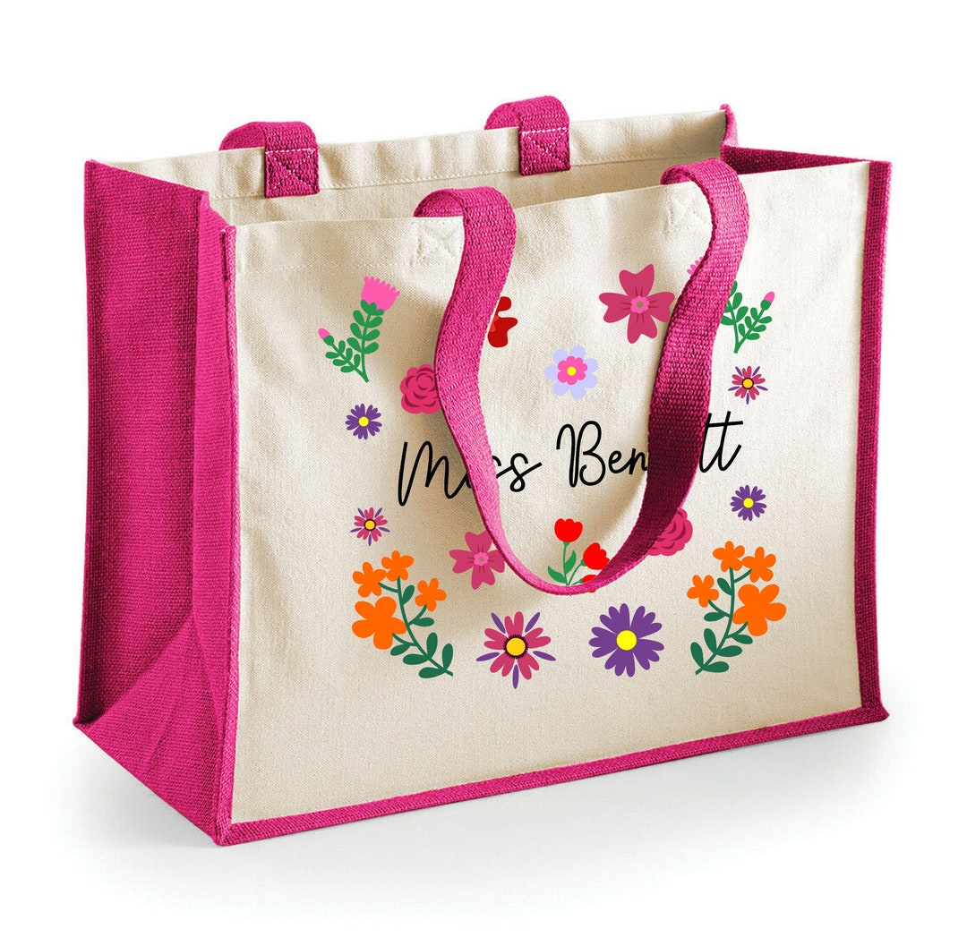 Custom Teacher Flower Jute Bag, Teacher Appreciation Gift, Teacher Gift, Personalised Teacher