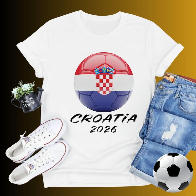 K&ouml;nnte beinhalten: Wei&szlig;es T-Shirt mit einem Fu&szlig;ball-Design mit der kroatischen Flagge und dem Text "CROATIA 2026". Das Bild zeigt auch wei&szlig;e Turnschuhe, Jeansshorts und einen Fu&szlig;ball.