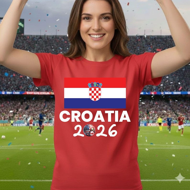 May include: A red t-shirt displaying the Croatian flag and the words "CROATIA 2026" in white, with a football graphic. The shirt is worn in a stadium setting.