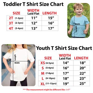 May include: A size chart for toddler and youth t-shirts. The chart includes sizes, width, and length measurements in inches. The toddler sizes range from 2T to 4T, and youth sizes range from XS to XL. The image also shows children wearing t-shirts.