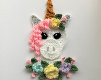 Floral Unicorn Head Crochet Applique Pattern Instant Pdf Download