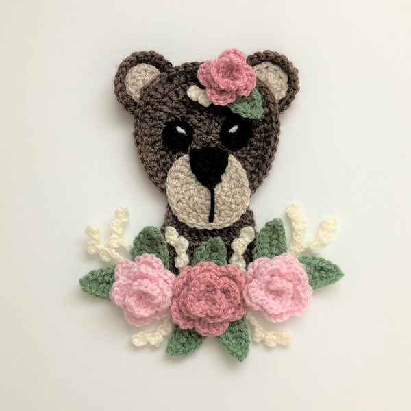 Floral Bear Head Crochet Applique Pattern