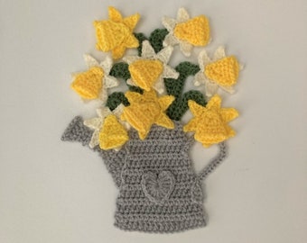 Daffodils In Watering Can Crochet Applique