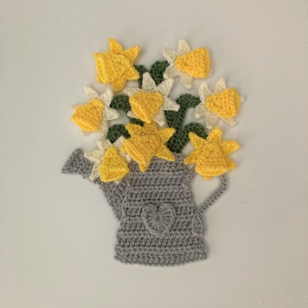Daffodils In Watering Can Crochet Applique