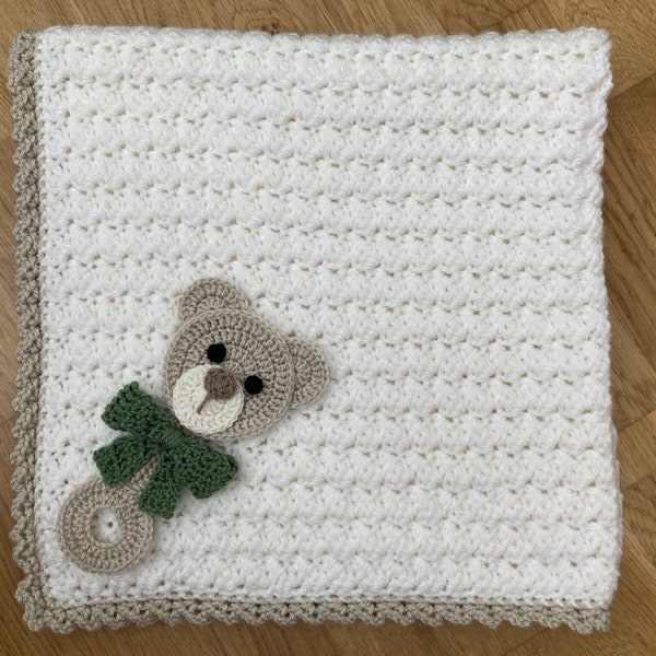 Crochet Blanket With Bear Rattle Applique Pattern Instant Pdf Download