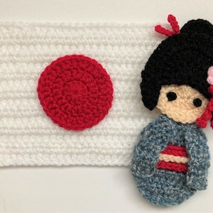 Japan Flag & Kokeshi Doll Crochet Applique Pattern Instant Pdf Download