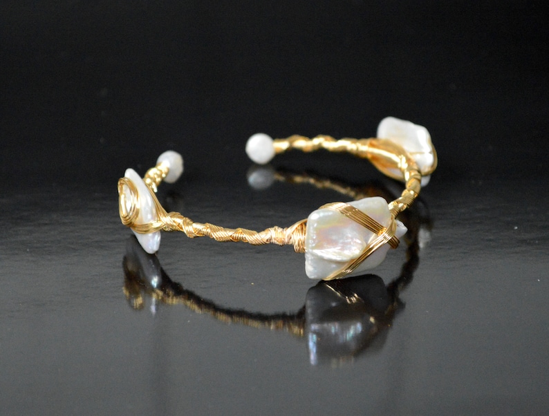 Pearl Bracelet Freshwater Pearl Cuff Bracelet Boho Raw Brass Bangle Bracelet Squ