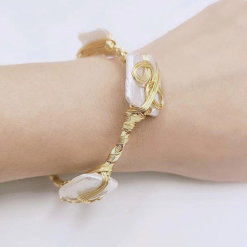 Pearl Bracelet Freshwater Pearl Cuff Bracelet Boho Raw Brass Bangle Bracelet Squ