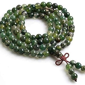 Green Moss Agate Mala Necklace, Mala Beads, 8mm Mala Necklace, 108 Green Mala Prayer Beads Knotted Mala, Yoga Gift for Her, Wrap Mala Beads