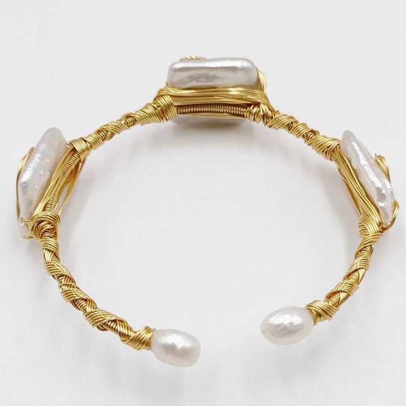 Pearl Bracelet Freshwater Pearl Cuff Bracelet Boho Raw Brass Bangle Bracelet Squ