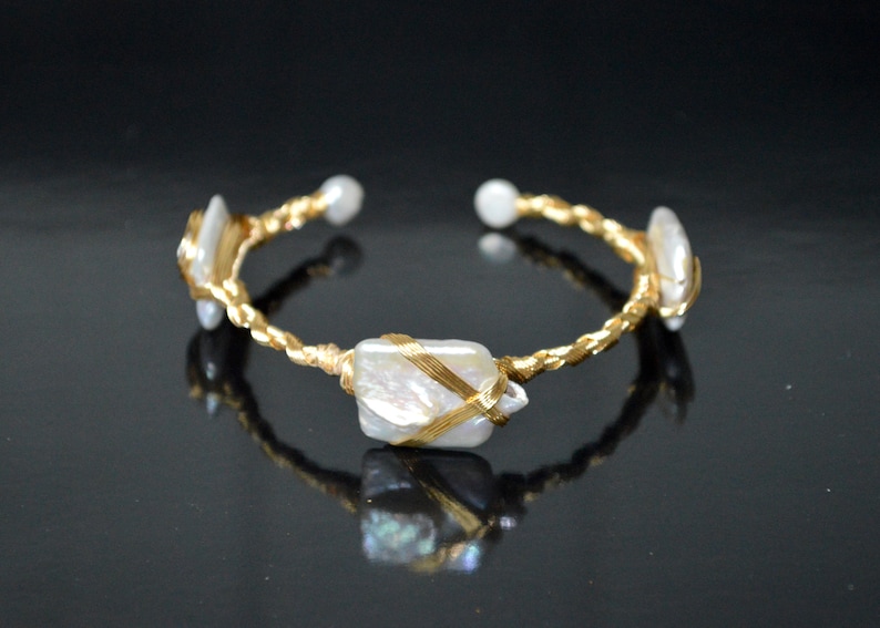 Pearl Bracelet Freshwater Pearl Cuff Bracelet Boho Raw Brass Bangle Bracelet Squ