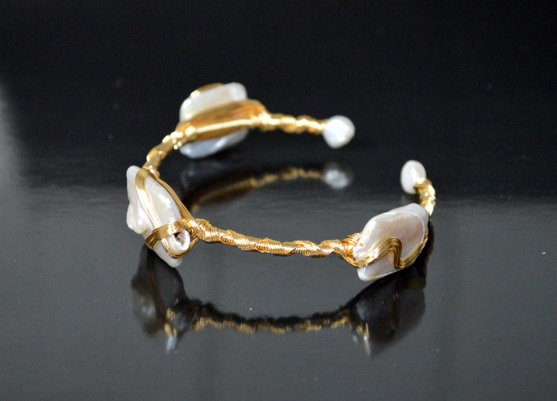 Pearl Bracelet Freshwater Pearl Cuff Bracelet Boho Raw Brass Bangle Bracelet Squ