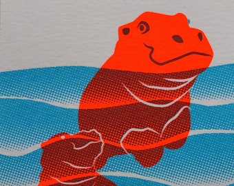 Silkscreen poster swimming hippos