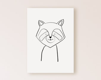 Cute Raccoon Print, Downloadable Nursery Art, Raccoon Drawing, Nursery Drawing, Playroom Wall Art, Minimalist Raccoon, Wild Animals