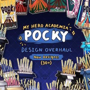 Könnte beinhalten: Eine digitale Illustration mit verschiedenen Pocky-Snackboxen im My Hero Academia-Design. Der zentrale Text lautet My Hero Academia Pocky Design Overhaul New Designs (30+). Das Bild zeigt mehrere farbenfrohe Schachteln und Keksstangen.