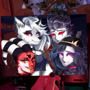 May include: A rectangular art print featuring four animated characters with glowing red eyes. The illustration includes a red and white striped horned character, a white wolf-like figure, a dark-haired character with red markings, and a dark-haired figure in a cap.