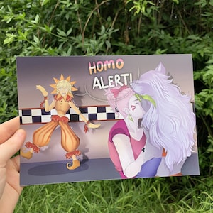 May include: A cartoon illustration of two characters. One character is a person with long white hair and a pink shirt. The other character is a person with yellow hair and a yellow and orange costume. The text "HOMO ALERT!" is in a speech bubble above the characters.