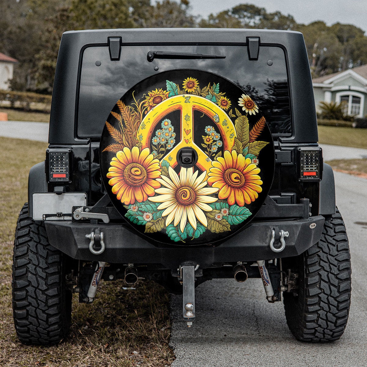 Hippie Daisy Peace Sign Retro Flower Sunflower SUV Tire Cover