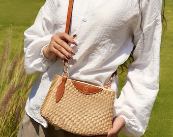 Bolsa de junco LAUREN, bolsa de palha, bolsa natural, bolsa de praia, bolsa feita à mão, bolsa transversal, bolsa de verão