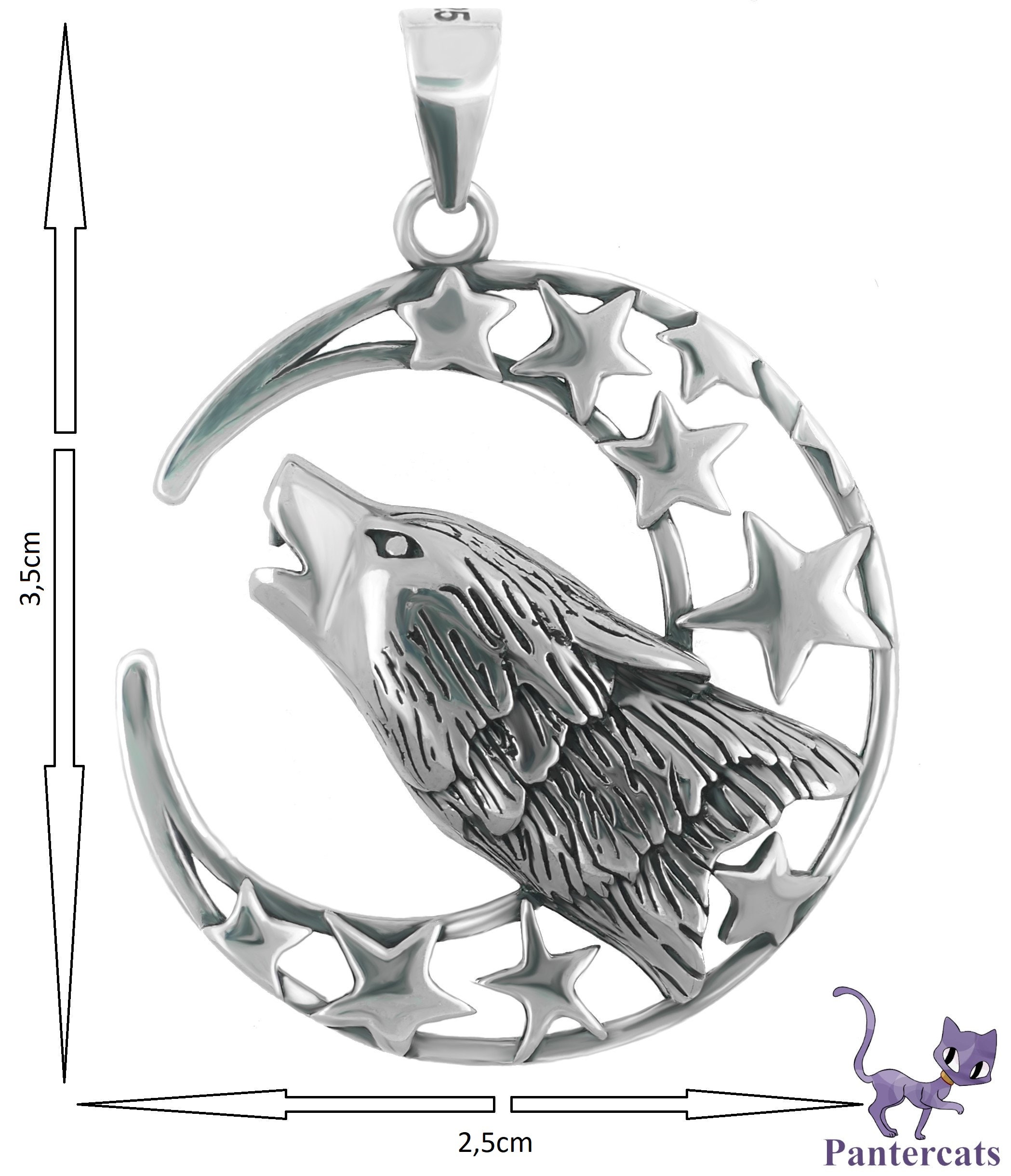925 Silver Wolf Pendant: Moon Stars Handmade, Unique Design 925 Silver Wolf Pendant: Moon Stars Handmade, Unique Design