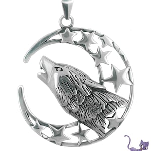 925 Silver Wolf Pendant: Moon + Stars - Handmade, unique design for animal lovers. Symbolizes strength + freedom. #Pantercats