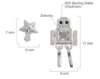 Verspielte 925 Silber Ohrstecker: Roboter und funkelnder Stern mit Zirkonia, rhodiniert für anhaltenden Glanz