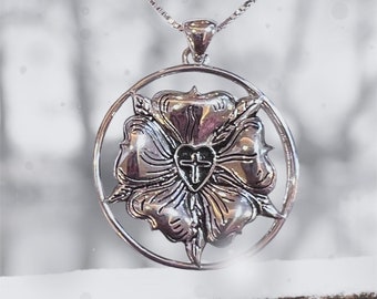 Besonderer Reformations - Schmuck: 925 Silber Lutherrose Halskette Kettenanhänger I Erfurt Wittenberg Rose mit Kreuz Design aus Deutschland